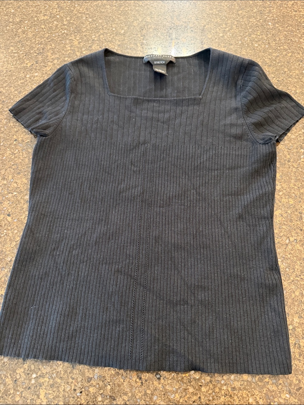 Geoffrey Beene Black Ribbed Short-Sleeve Square Neck Top